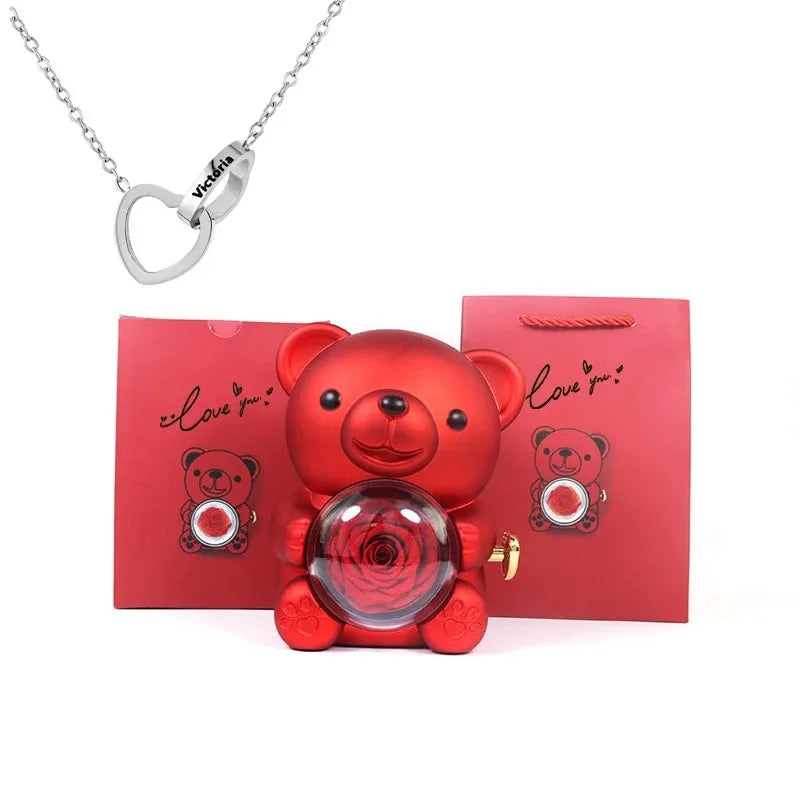 Eternal Rose Teddy Bear Gifts Box with Necklace Rotate Rose