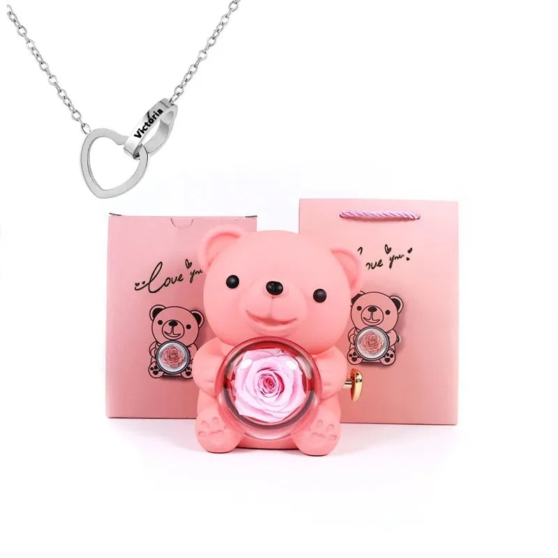 Eternal Rose Teddy Bear Gifts Box with Necklace Rotate Rose