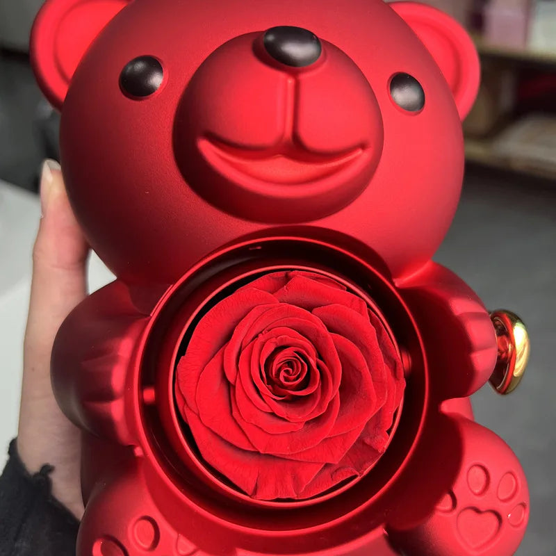 Eternal Rose Teddy Bear Gifts Box with Necklace Rotate Rose