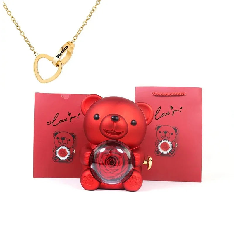 Eternal Rose Teddy Bear Gifts Box with Necklace Rotate Rose