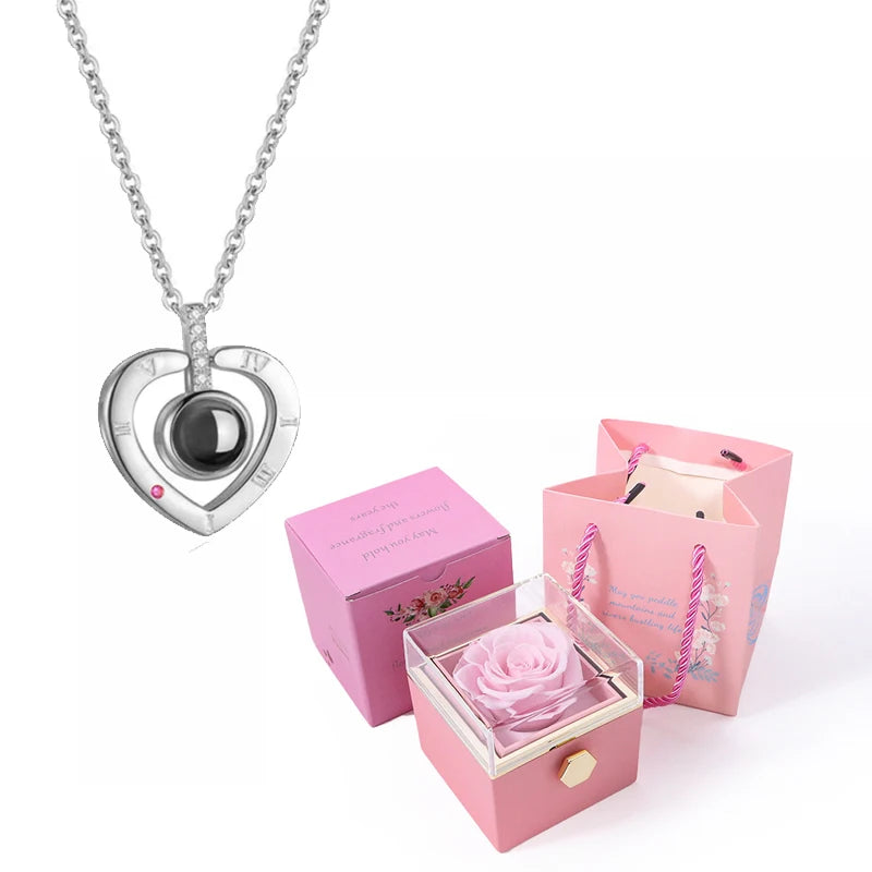 I Love You in 100 Languages Projection Necklace With Rotating Rose Gift Box