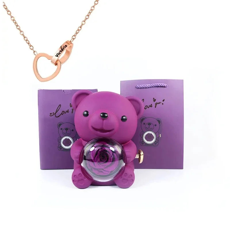 Eternal Rose Teddy Bear Gifts Box with Necklace Rotate Rose