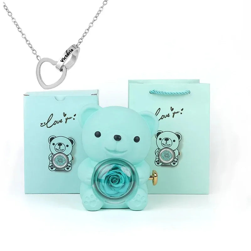 Eternal Rose Teddy Bear Gifts Box with Necklace Rotate Rose