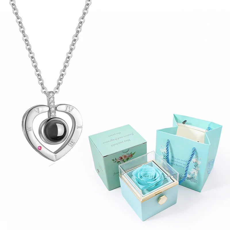 I Love You in 100 Languages Projection Necklace With Rotating Rose Gift Box