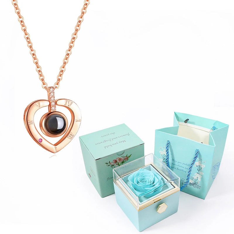 I Love You in 100 Languages Projection Necklace With Rotating Rose Gift Box