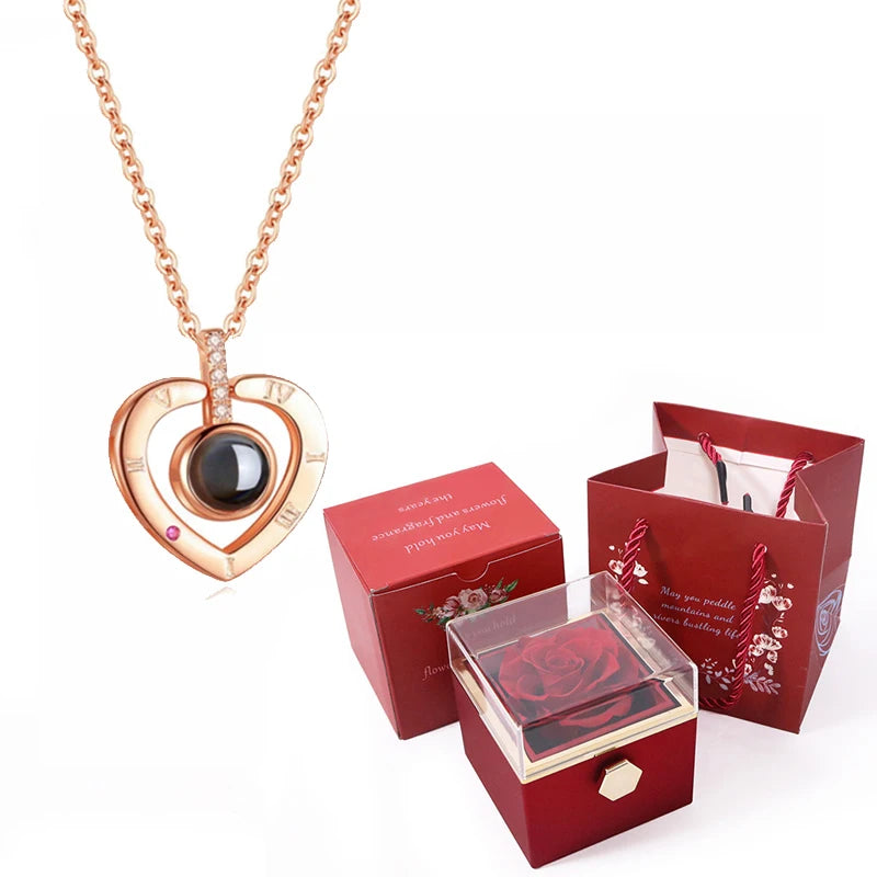 I Love You in 100 Languages Projection Necklace With Rotating Rose Gift Box