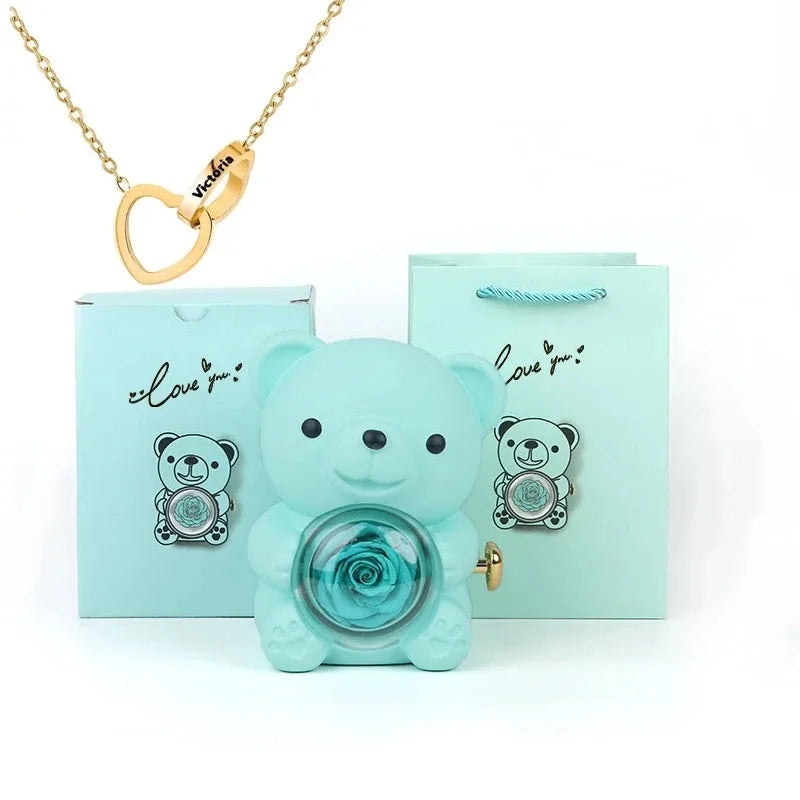 Eternal Rose Teddy Bear Gifts Box with Necklace Rotate Rose