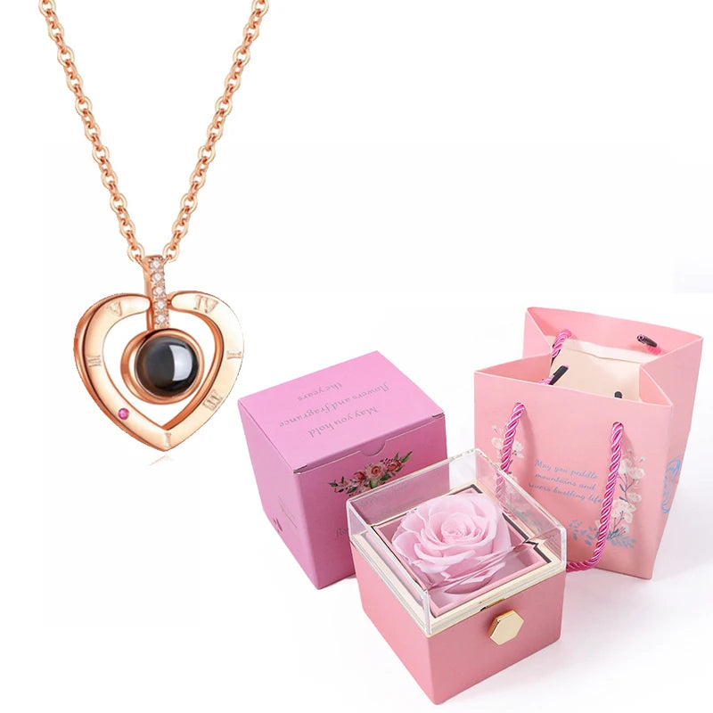 I Love You in 100 Languages Projection Necklace With Rotating Rose Gift Box