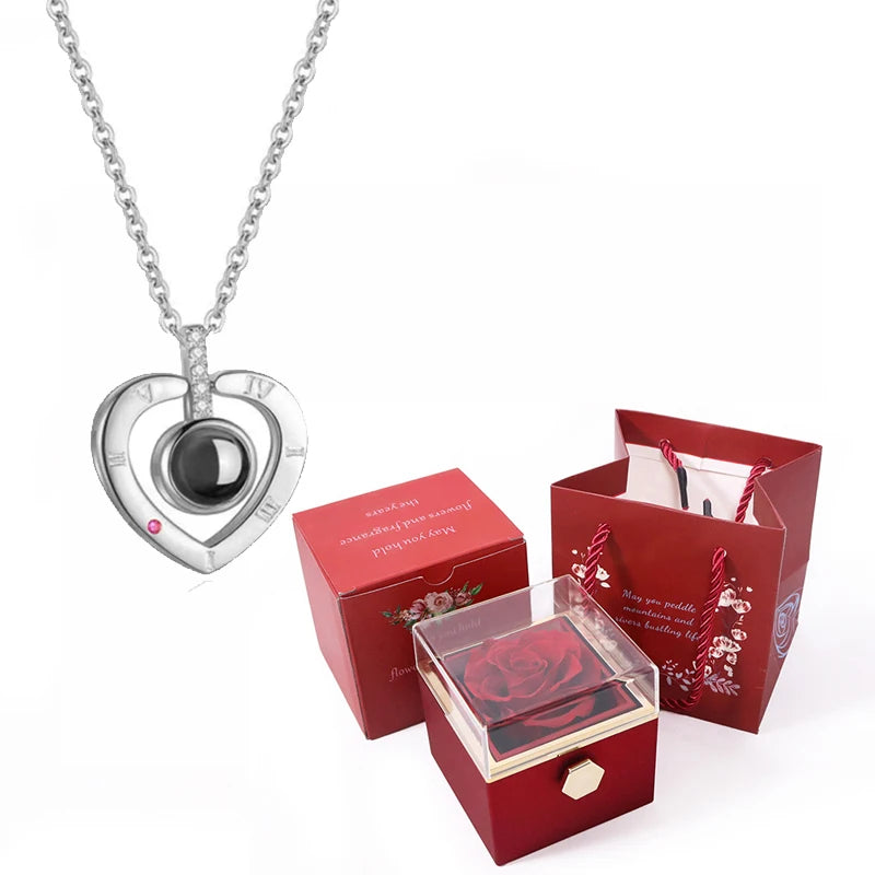 I Love You in 100 Languages Projection Necklace With Rotating Rose Gift Box