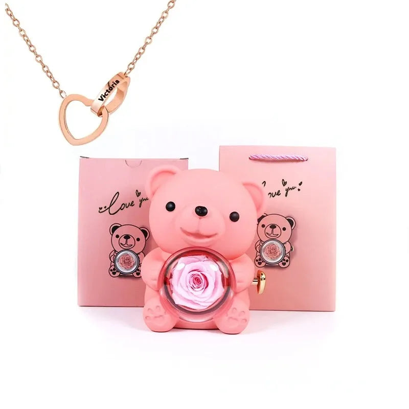 Eternal Rose Teddy Bear Gifts Box with Necklace Rotate Rose