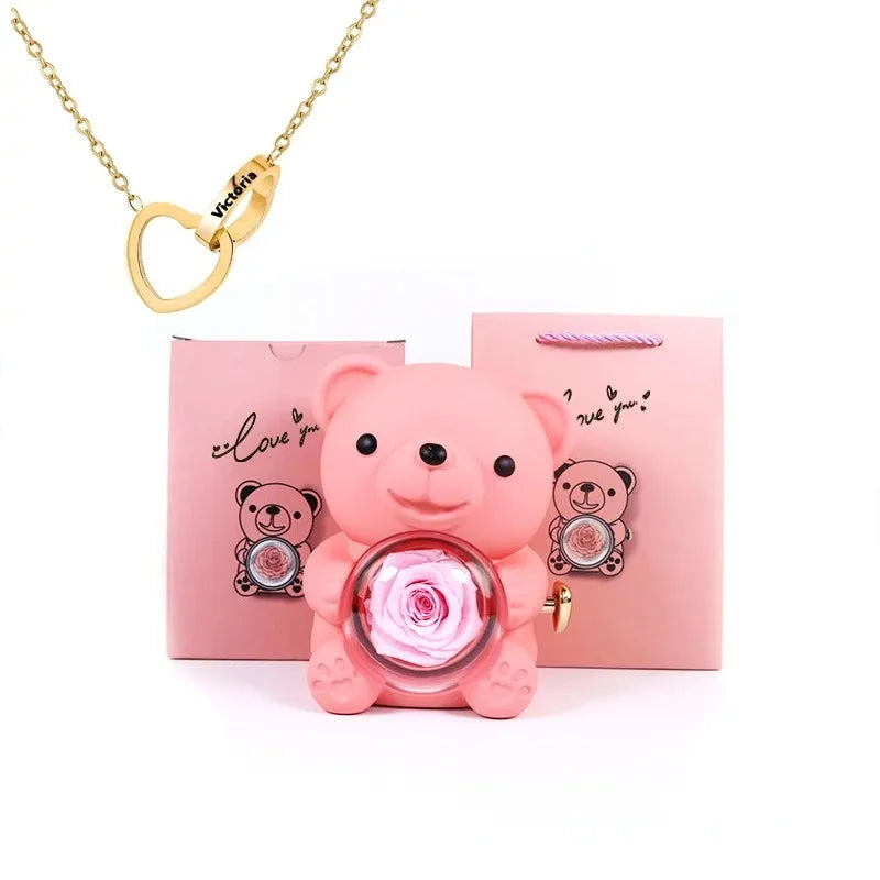 Eternal Rose Teddy Bear Gifts Box with Necklace Rotate Rose